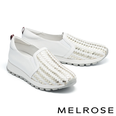 休閒鞋 MELROSE 美樂斯 質感時髦編織造型真皮厚底休閒鞋－白