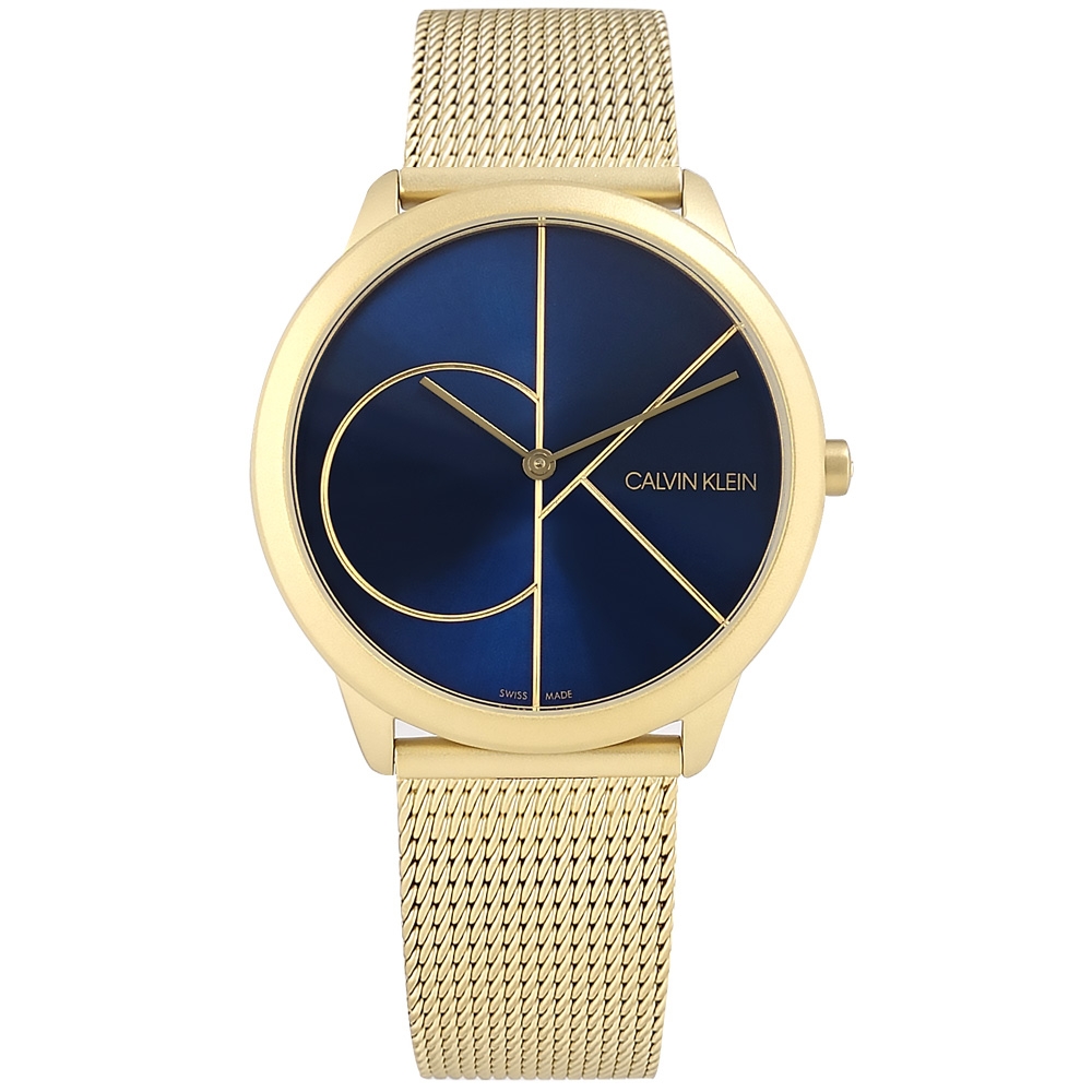 CK / 經典大LOGO 超薄 米蘭編織不鏽鋼手錶-藍x鍍金/40mm