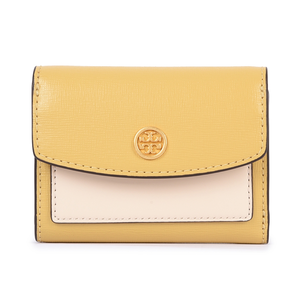 TORY BURCH  Robinson 撞色拼接防刮皮革信封式壓釦小短夾-黃/白色