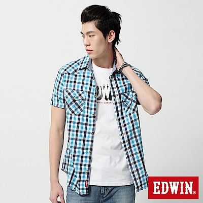EDWIN 襯衫 竹節休閒格紋短袖襯衫-男-藍色
