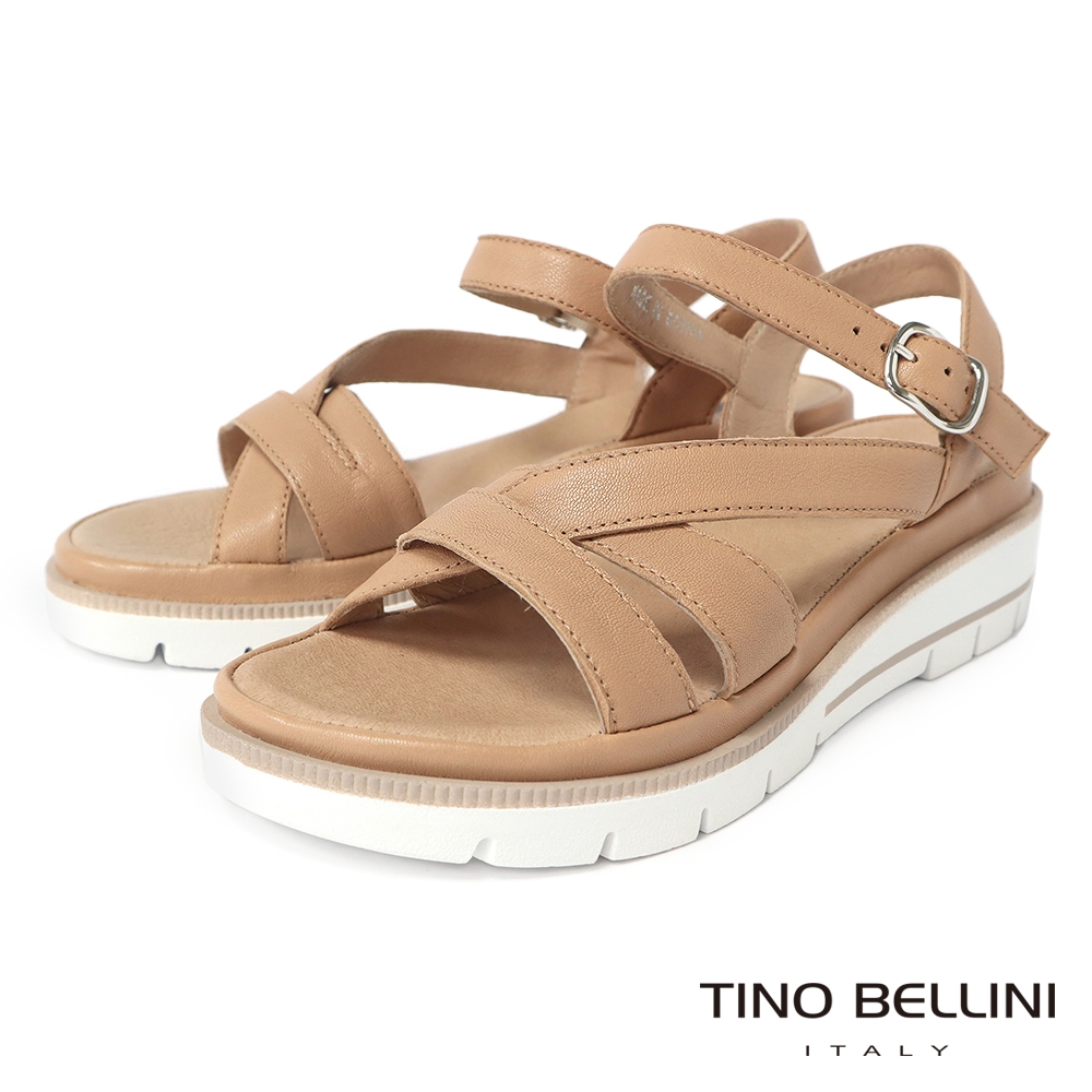 Tino Bellini 歐洲進口羊皮交叉繞帶坡跟厚底涼鞋-米