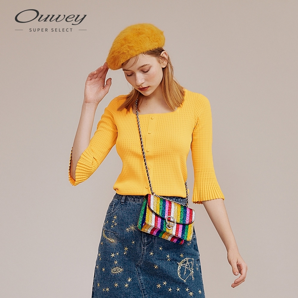 OUWEY歐薇 法式復古方領針織上衣(黃/綠)