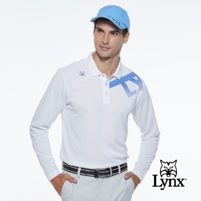 【Lynx Golf】男款吸濕排汗Lynx字樣山貓繡花長袖POLO衫-白色