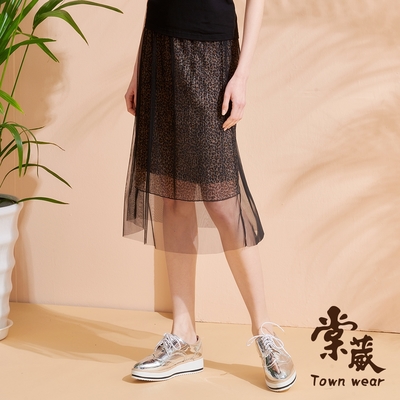 【TOWNWEAR棠葳】豹紋印花網紗中長裙(女下著/印花/鬆緊腰頭)