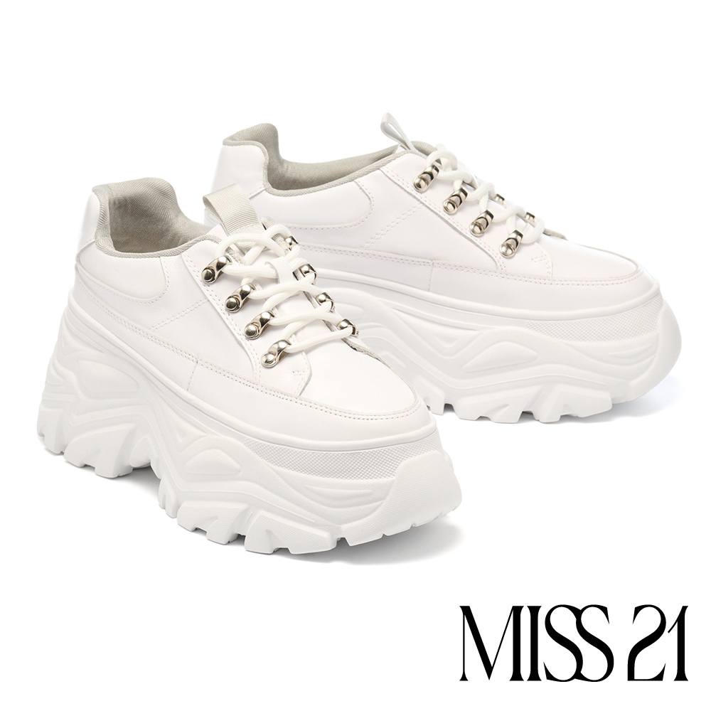 休閒鞋 MISS 21 潮酷登山風撞色軟牛皮綁帶超厚底休閒鞋－白