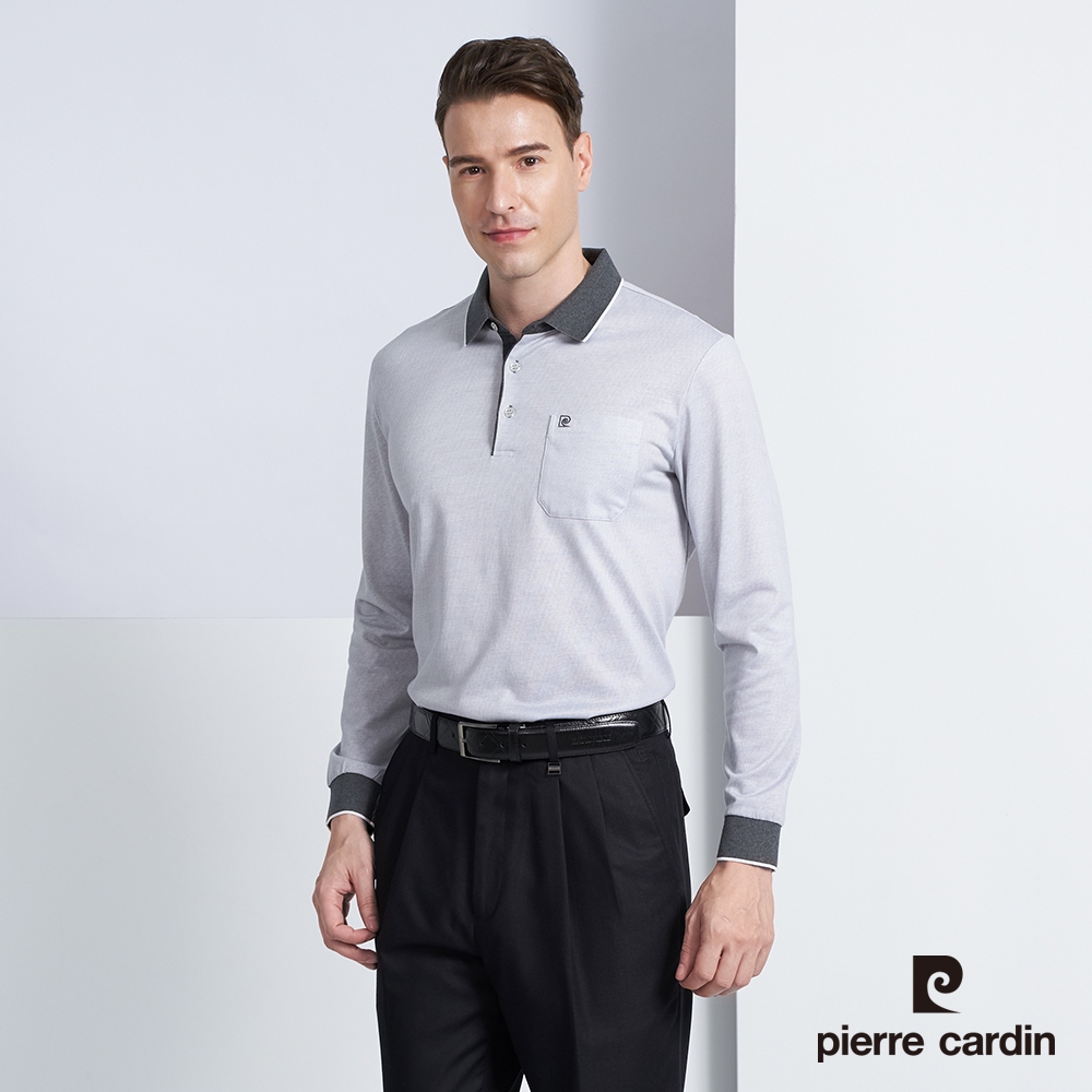 Pierre Cardin皮爾卡登 男款 印花長袖POLO衫-淺灰色(5225263-95)