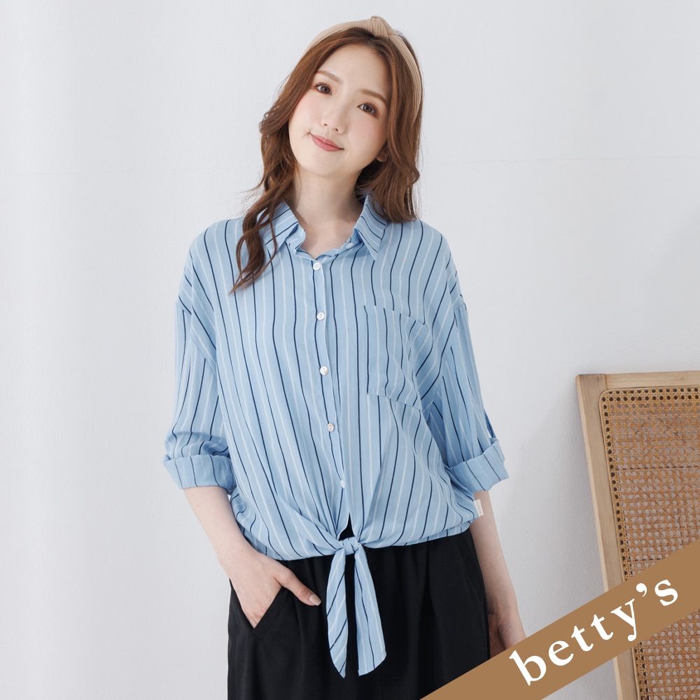 betty’s貝蒂思　OL條紋綁帶造型長袖襯衫(淺藍色)