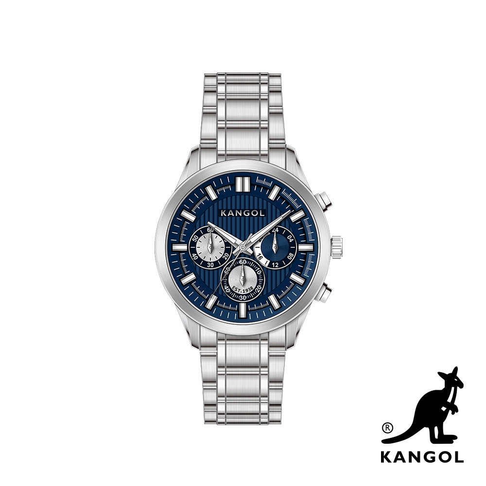 KANGOL 紳士經典三眼造型鋼鍊錶-藍面銀-KG73741-07G