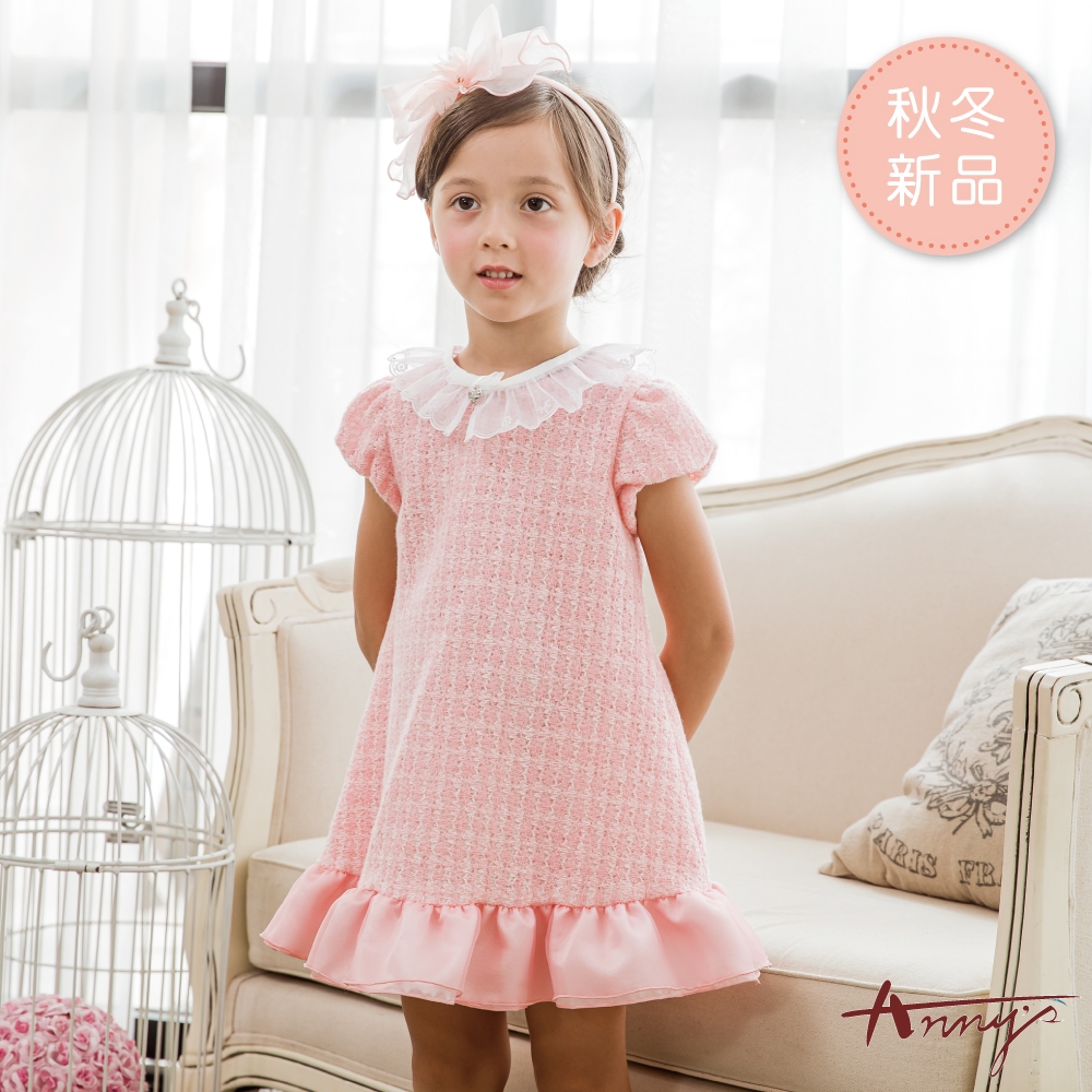 Annys安妮公主-花邊可拆蕾絲領緞面拼接秋冬款短袖洋裝*0216粉紅