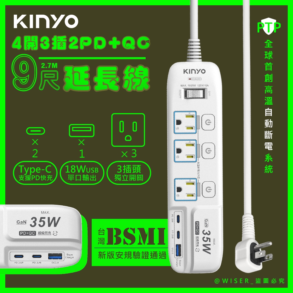 KINYO 35W氮化鎵3U電源分接器4開3插9尺電源線2.7M延長線 GIPD-353439 智慧快充2PD+QC3.0