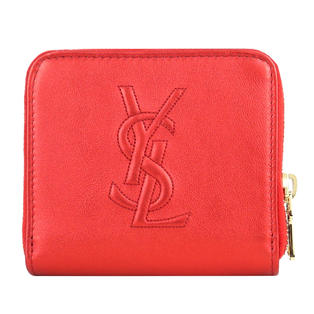 YSL Saint Laurent Belle de Jour系列經典 LOGO 皮革壓紋皮扣短夾(金屬紅)