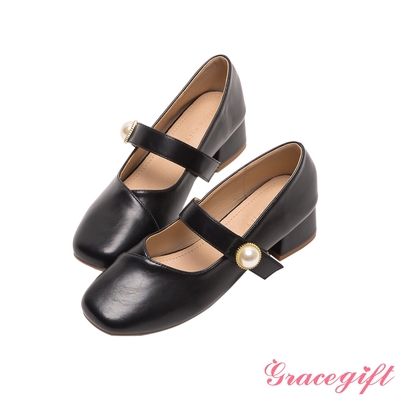 【Grace Gift】珍珠低跟瑪莉珍鞋 黑