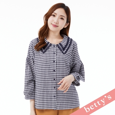 betty’s貝蒂思 格紋蕾絲劍領泡泡袖襯衫(深藍色)