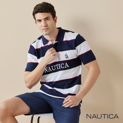 Nautica 男裝 粗條紋LOGO刺繡短袖POLO衫-深藍