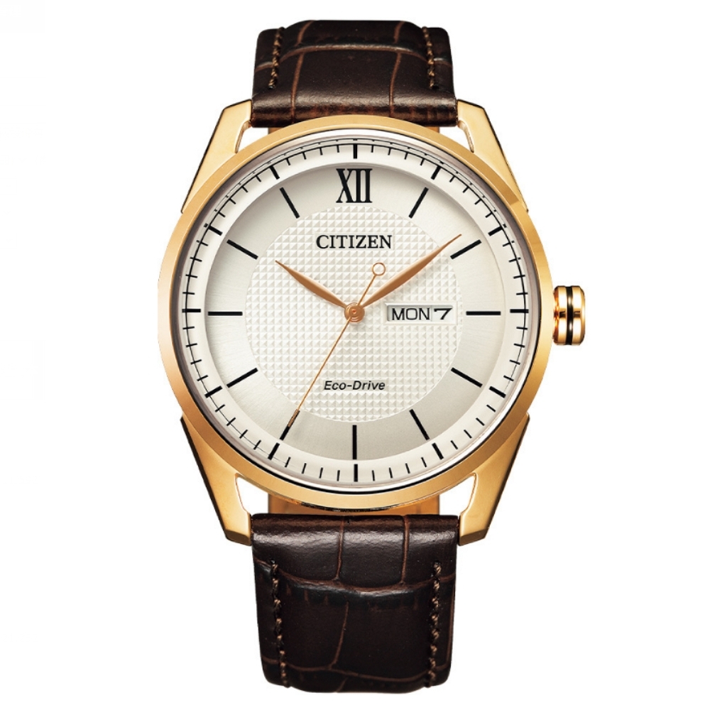 CITIZEN星辰 GENT'S系列 光動能經典玫瑰金格紋腕錶 42mm/AW0082-19A