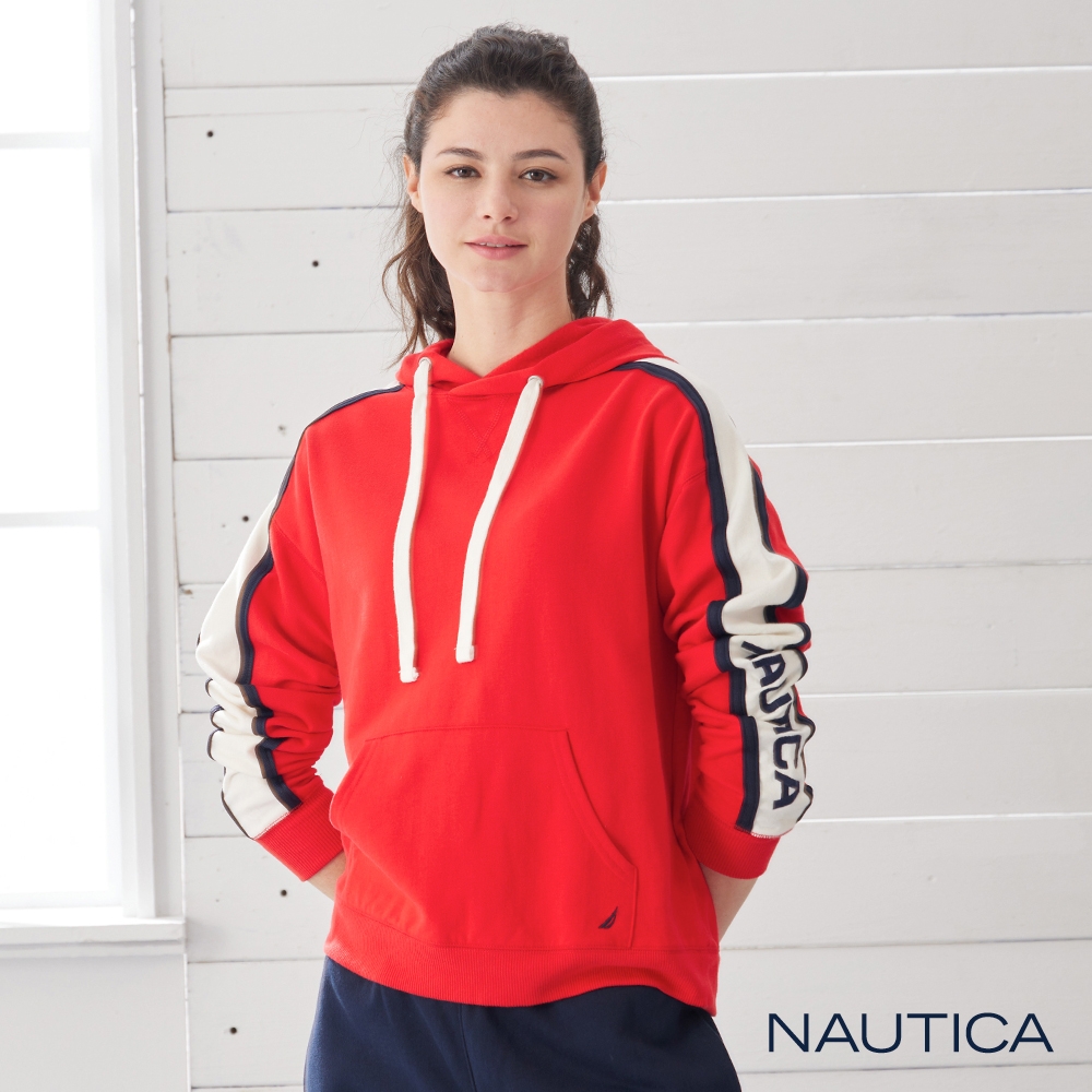 Nautica 女裝 保暖長版連帽長袖T恤-紅色