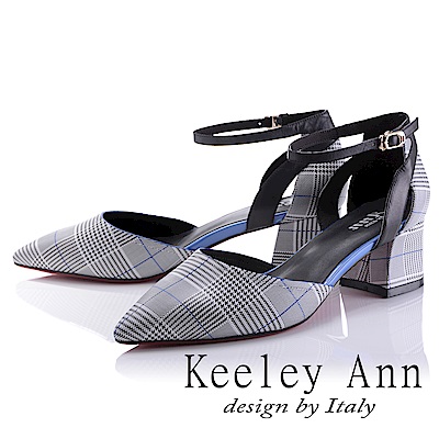 Keeley Ann 時尚百搭~千鳥格紋腳踝釦帶真皮粗中跟尖頭鞋(藍色-Ann)