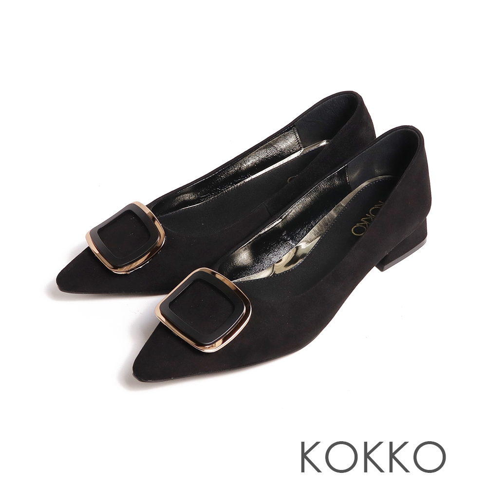 KOKKO異材質方形飾扣典雅尖頭粗跟包鞋黑色