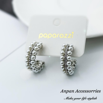 【ANPAN愛扮】韓東大門NYU C型水鑽雙排珍珠925銀針耳釘式耳環-銀色
