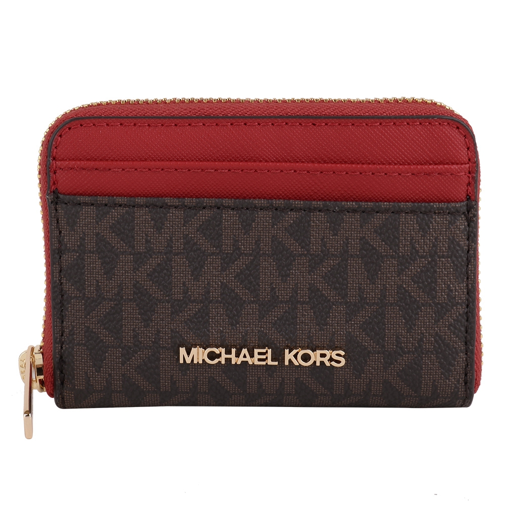 MICHAEL KORS 金字防刮logo拼接皮革卡片夾包(咖X火焰紅)