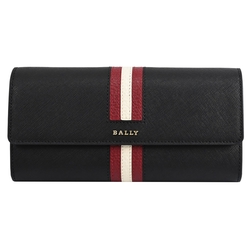 BALLY 金屬LOGO經典紅白紅條紋拼接防刮釦式長夾(黑)