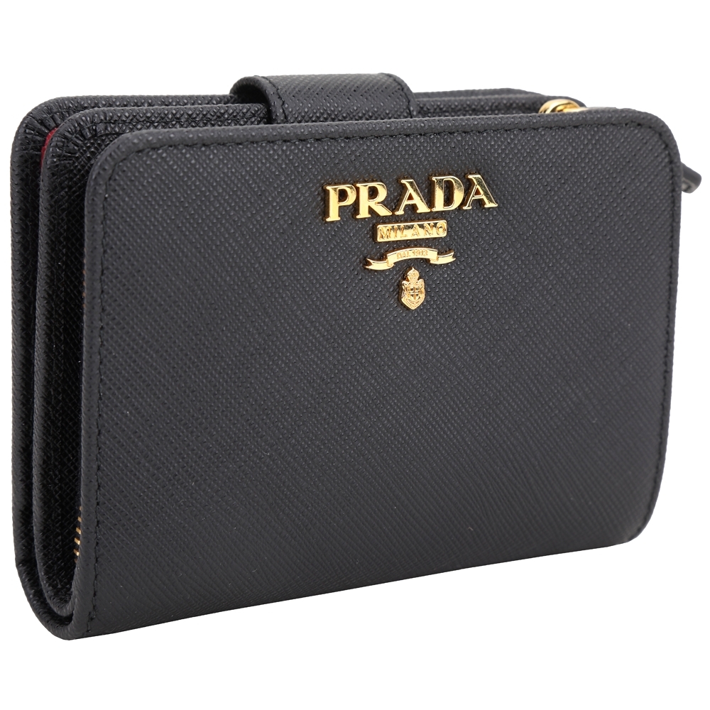 PRADA Saffiano 金字浮刻撞色內層防刮牛皮對折短夾(黑色) | 中/短夾