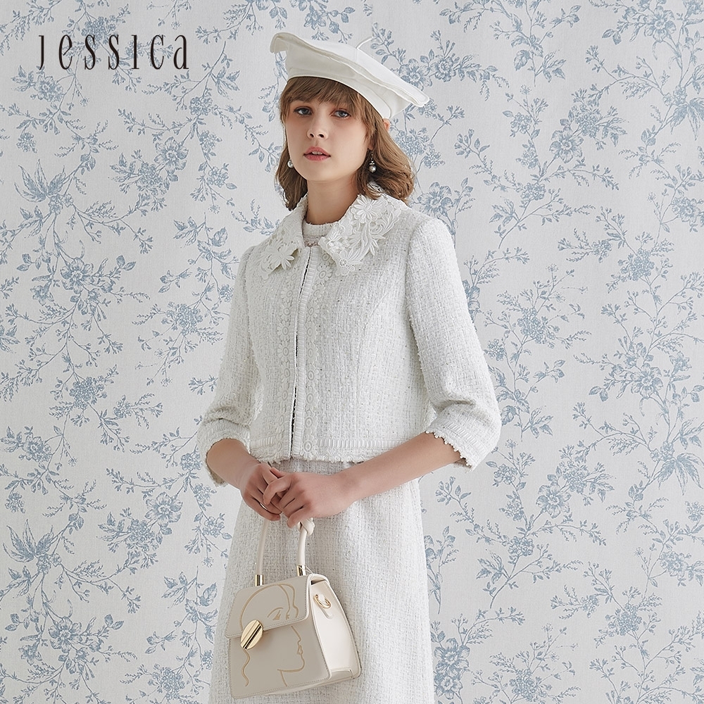 JESSICA - 氣質小香風立體蕾絲花領七分袖外套（白）