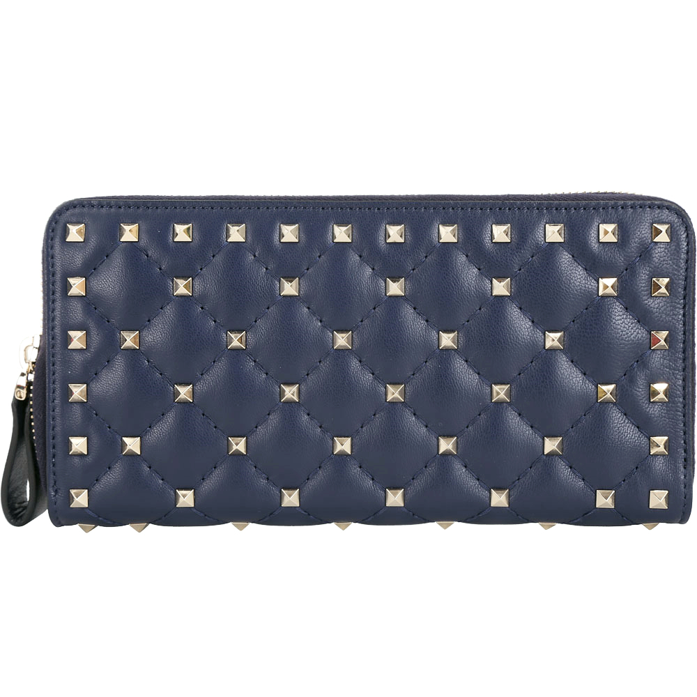 VALENTINO Rockstud Spike 絎縫羊皮菱格鉚釘拉鍊長夾(深藍色)