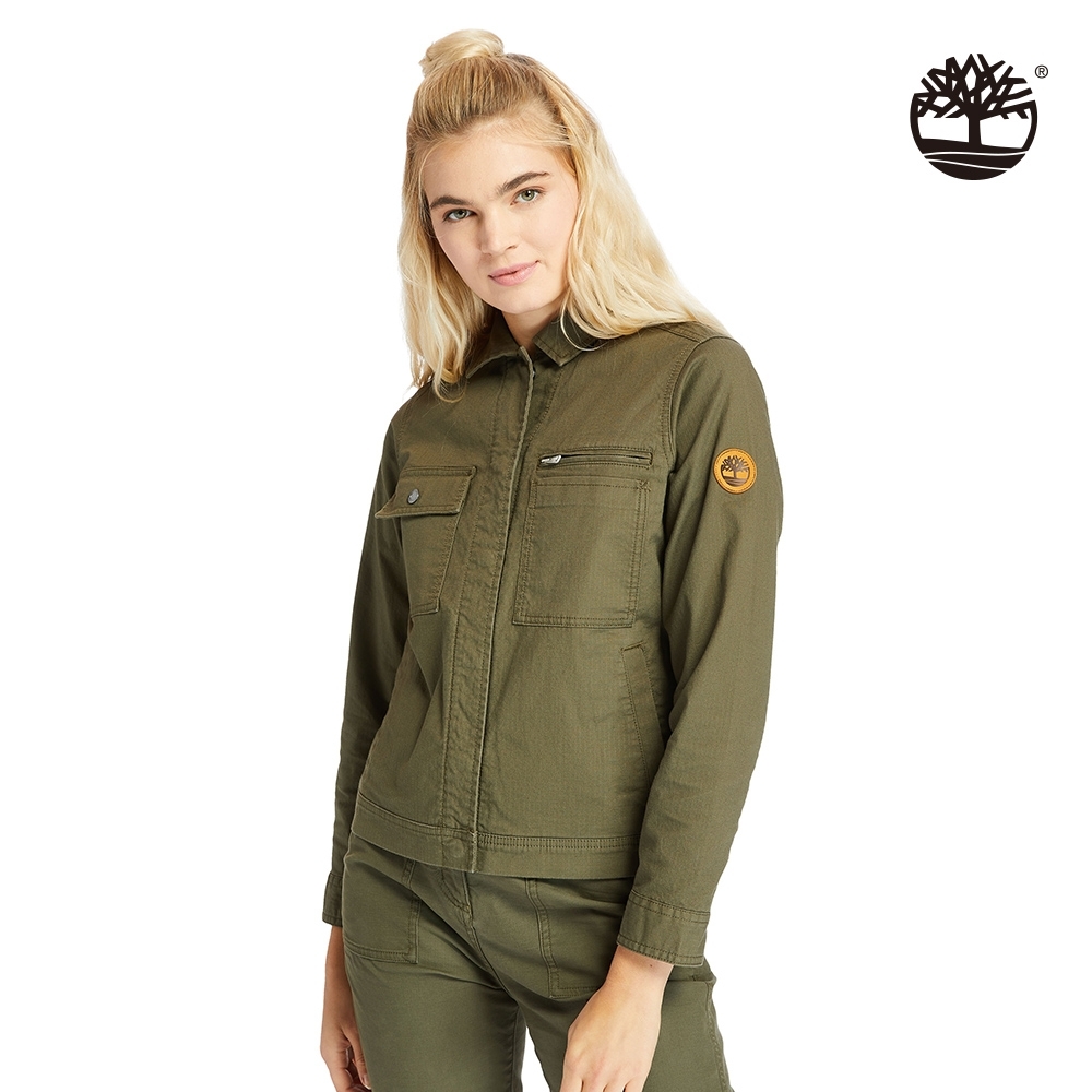 Timberland 女款軍綠色防撕裂多口袋彈性工裝夾克|A2CR8