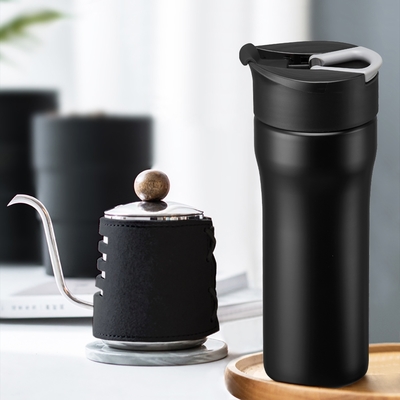 【PO:Selected】丹麥DIY手沖咖啡二件組(手沖咖啡壺-黑/法壓保溫咖啡杯16oz-黑)