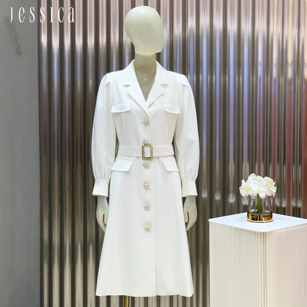 JESSICA - 經典氣質修身顯瘦風衣式中長洋裝224174（白）
