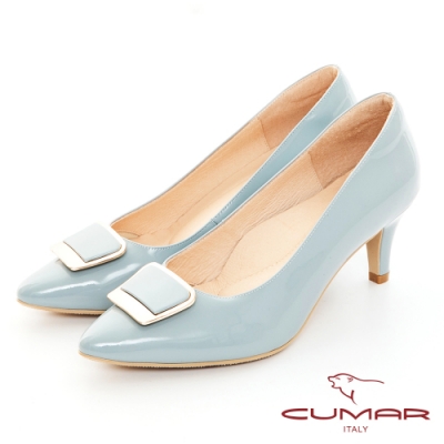 【CUMAR】漆皮經典飾釦高跟鞋-灰藍鏡
