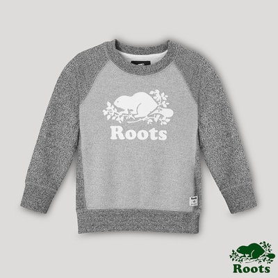 Roots小男童- 椒鹽灰系列 色塊拼接海狸LOGO毛圈布圓領上衣-灰色