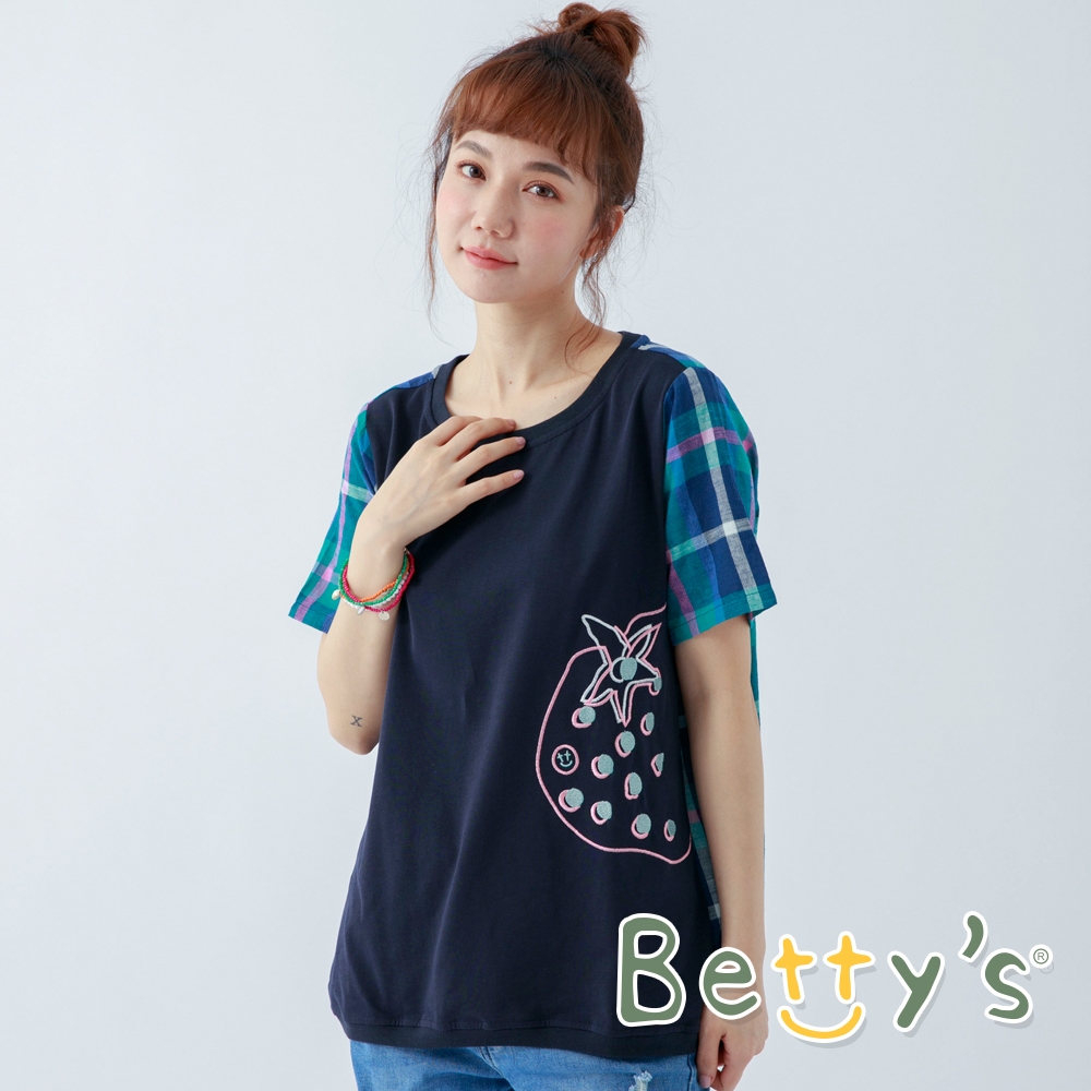 betty’s貝蒂思　水果繡線格紋袖T-shirt(藍色)