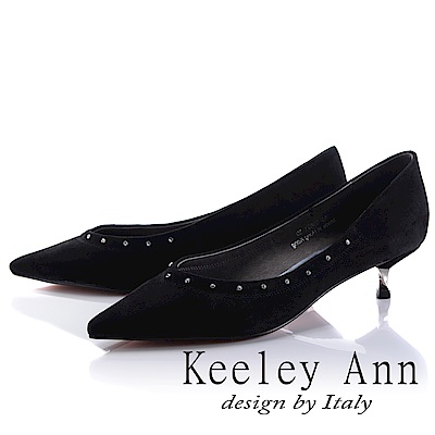 Keeley Ann 復古高貴~高雅水鑽素面質感全真皮中跟鞋(黑色-Ann)