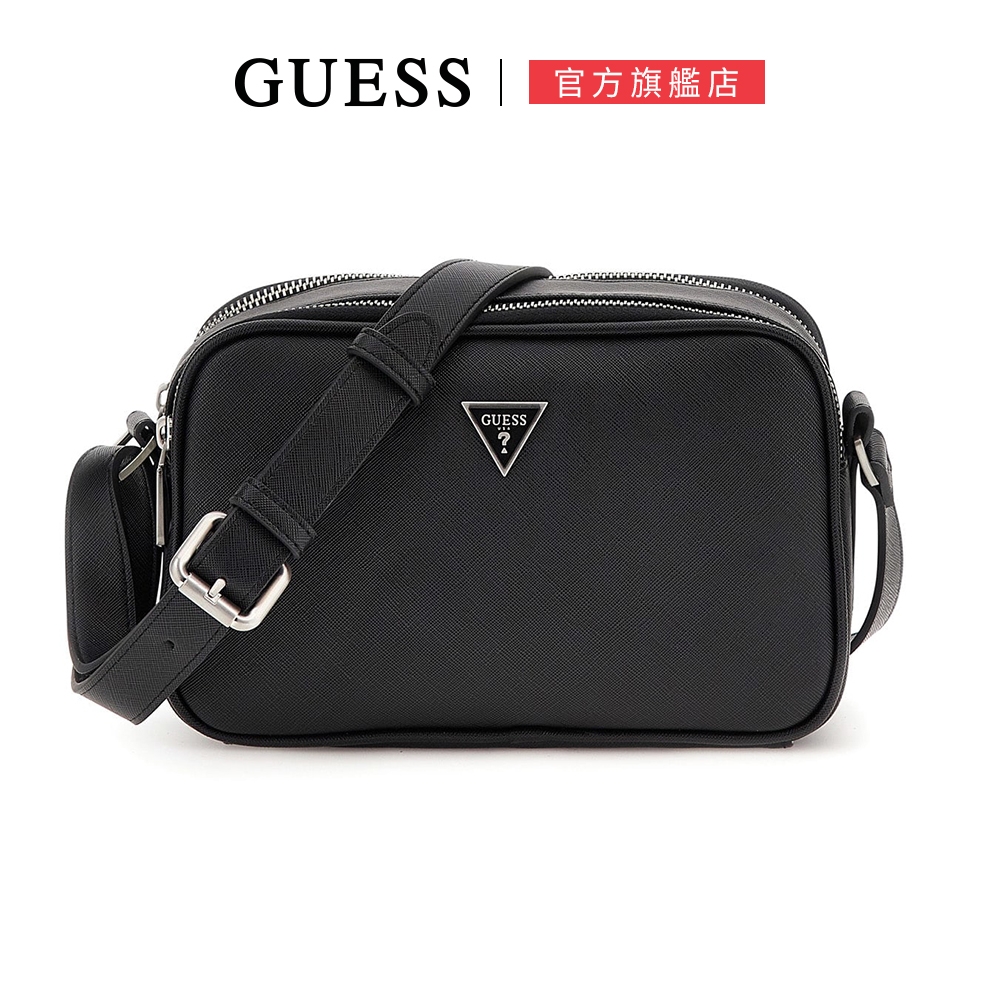 【GUESS】素色雙層拉鍊斜背包-黑