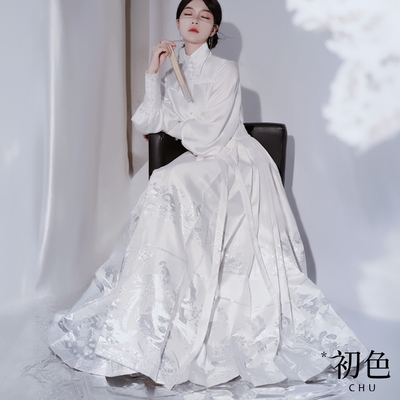 初色 新中式改良版花鳥印花馬面裙中長裙半身裙-白色-32771(M-XL可選)