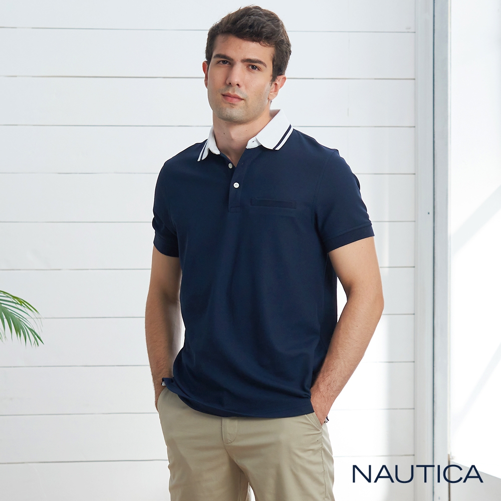 Nautica 男裝 吸濕排汗撞色領短袖POLO衫-深藍