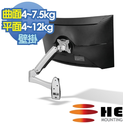 HE 載重版.鋁合金壁掛型雙節懸臂懸浮式螢幕支架 - H20AUW (適用曲面≤34吋4-7.5公斤 / 平面≤38吋4-12公斤)