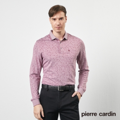 Pierre Cardin皮爾卡登 男款雙色網眼印花長袖POLO衫-暗紅(5205269-78)