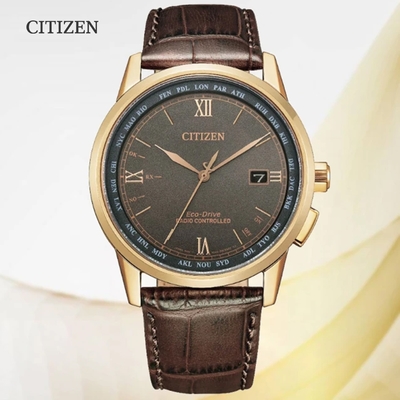 CITIZEN 星辰 GENTS 光動能 電波對時 紳士腕錶-42.7mm CB0158-10H 棕色皮錶帶