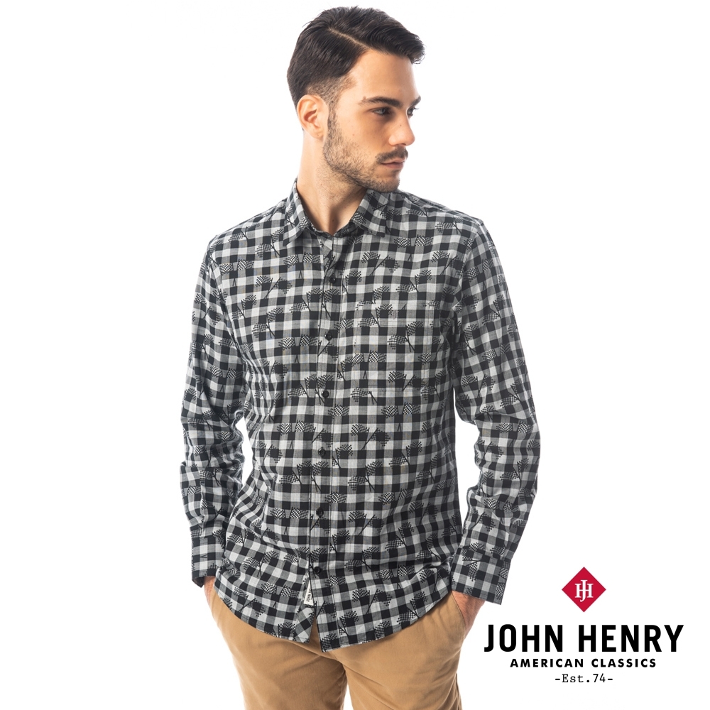 【JOHN HENRY】雙旗幟黑灰格紋長袖襯衫-黑