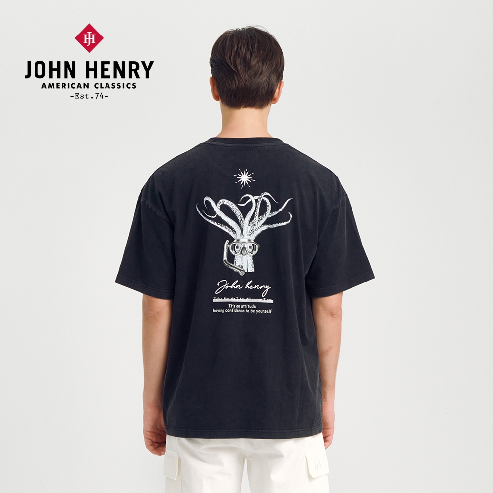 JOHN HENRY 潛水客背後印花水洗T恤-二色 (黑色)