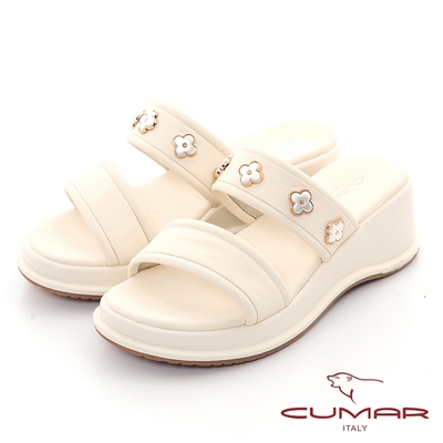 【CUMAR】一字花朵裝飾楔型厚底涼拖鞋-米白