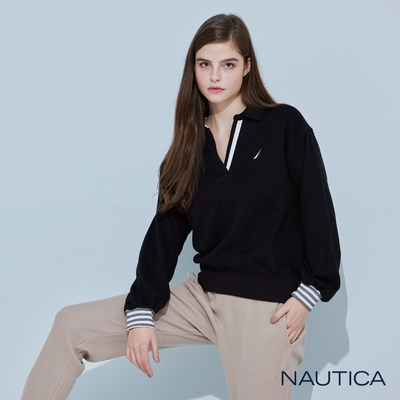 Nautica 女裝 簡約造型刷毛V領長袖POLO衫-黑色