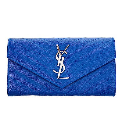 YSL MONOGRAM系列V字縫線魚子醬牛皮金釦手拿長夾(電光藍)