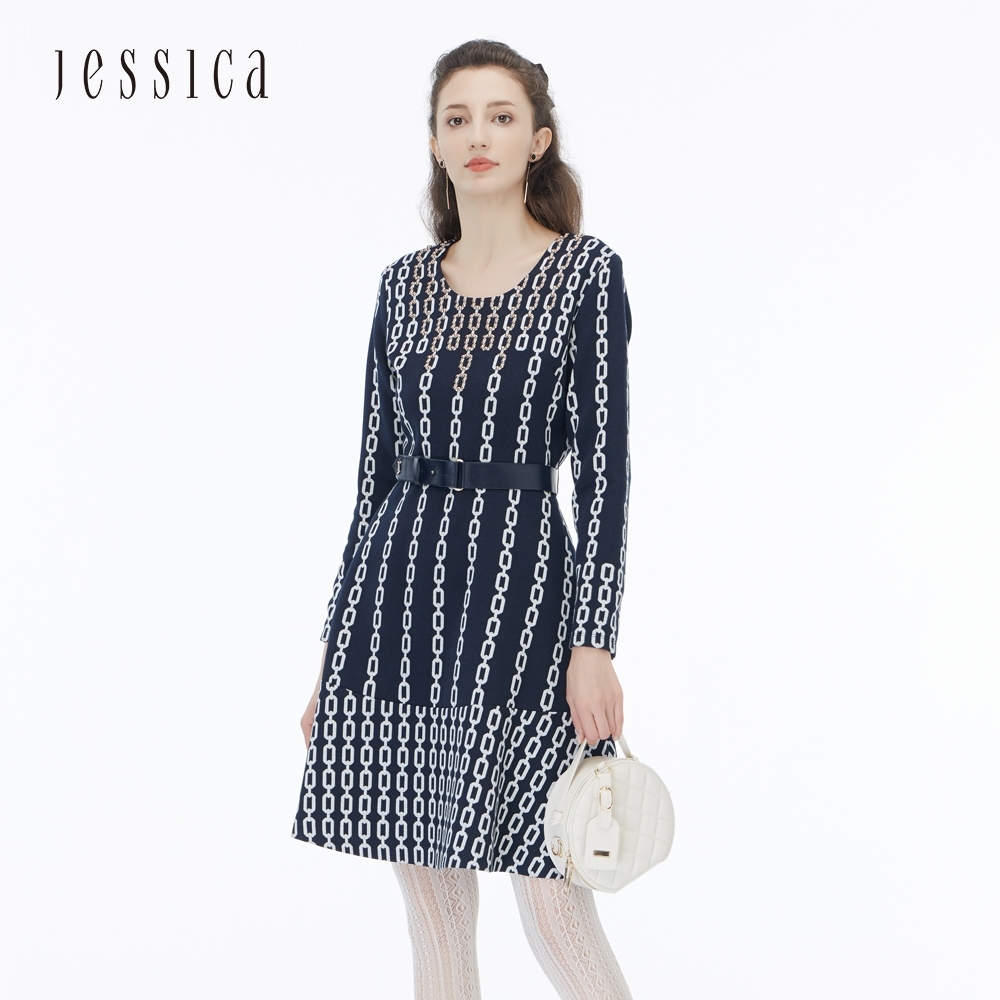 JESSICA - 圓領抽像鏈條印花長袖針織洋裝