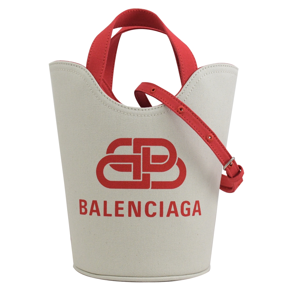 BALENCIAGA 大LOGO素色帆布手提兩用水桶包(米紅)