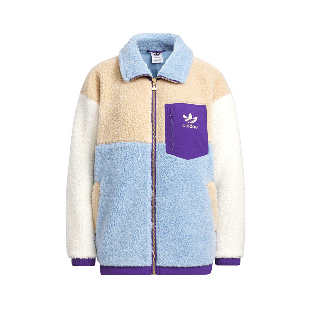 Adidas Sherpa JKT W IN0987 女 立領 外套 休閒 三葉草 羊羔絨 拚色 保暖 粉藍