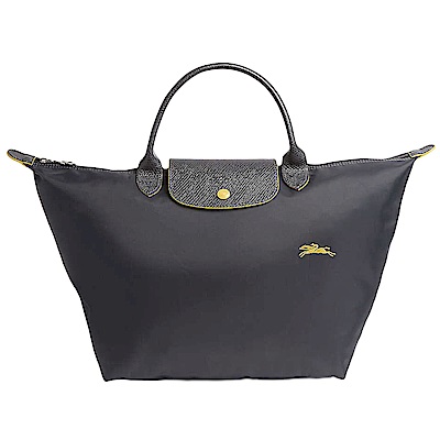 LONGCHAMP Le Pliage系列經典刺繡LOGO短提把手提包(中)鐵灰色